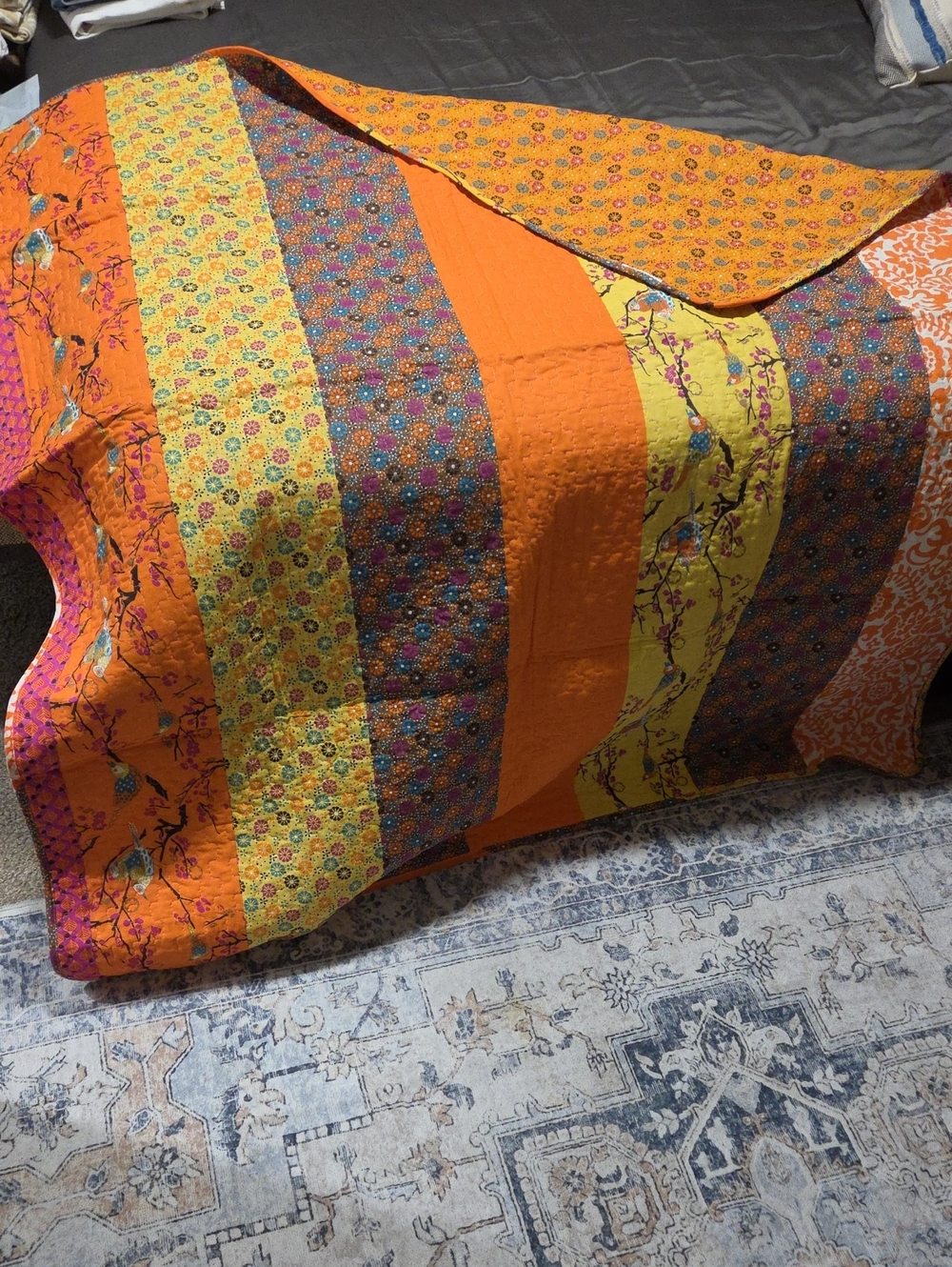 Vibrant Orange & Yellow Patchwork Coverlet - Bright Floral Stripes
